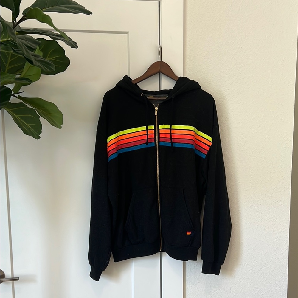 Aviator Nation Black Hoodie with Rainbow Stripes